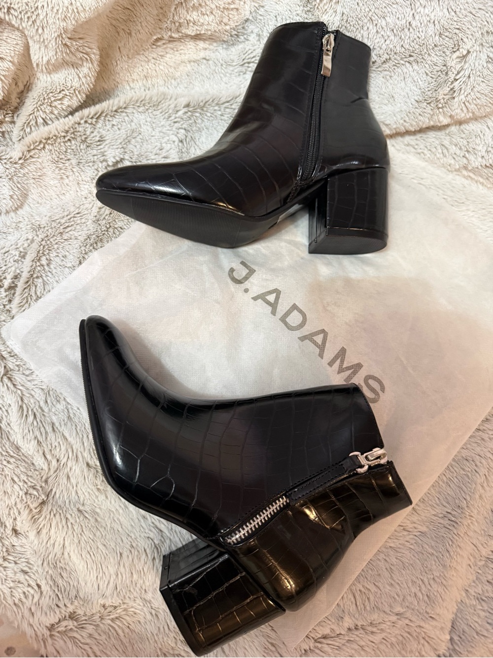 J. Adams Black Croc-Embossed Block Heel Ankle Booties